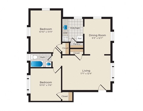 Floor plan for 2 beds, 1 bath, 741 sqft